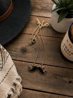 Gold Tone Black Mustache Pendant Necklace with Extender Hipster Novelty Jewelry
